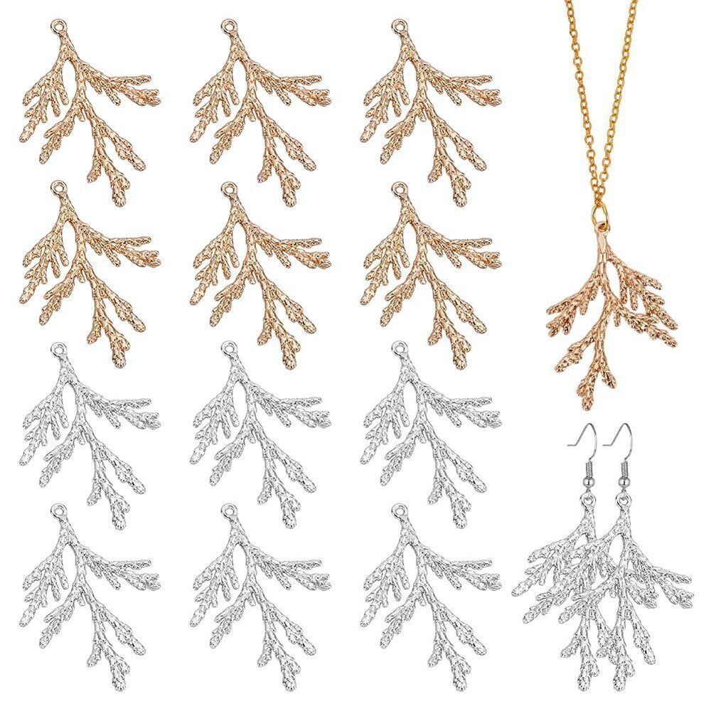 6389 12Pcs 2 Colors Pine Tree Leaves Branch Bead Charms, Leaf Pendants